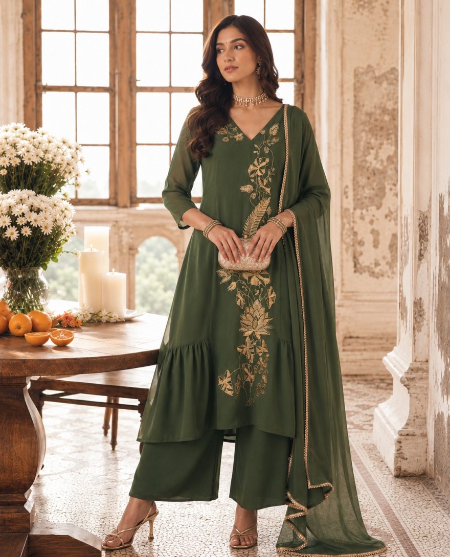 7110 - Gorgonize Chanderi Green Trendy Salwar Kameez